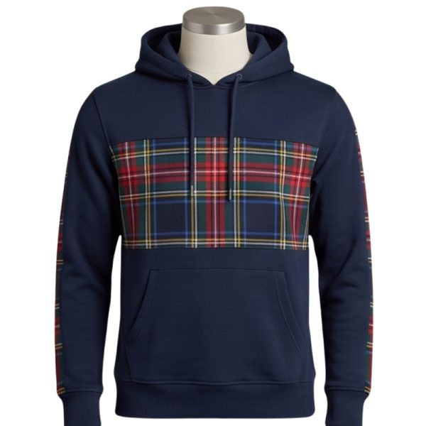 Men’s Navy Blue Tartan Panel Fleece Hoodie 1 Men's Navy Blue Tartan Panel Fleece Hoodie